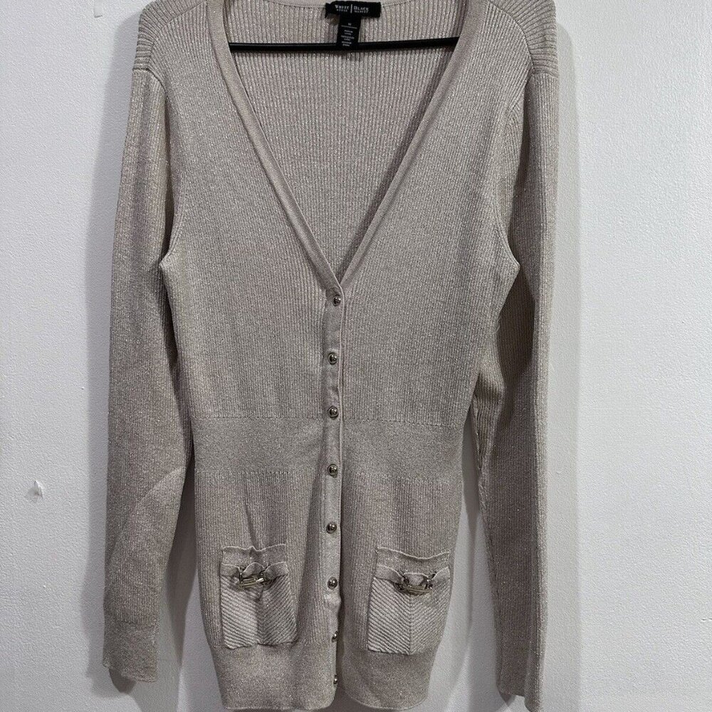White house black market Women gold metallic sweater Long Sleeve cardigan  SZ  M - Picture 2 of 12